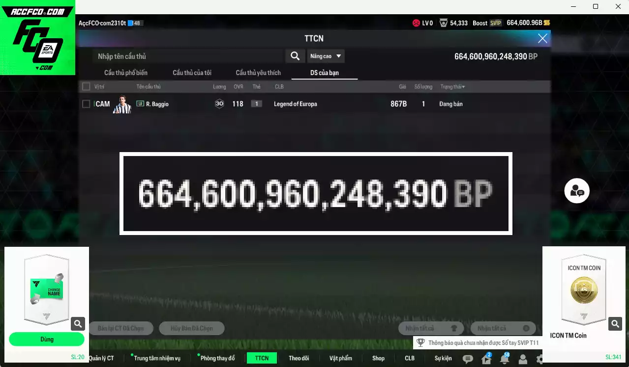 [Full Miniface] ACC 664600b trắng, có thẻ đổi tên. HLV Xịn, dư 57.000TC