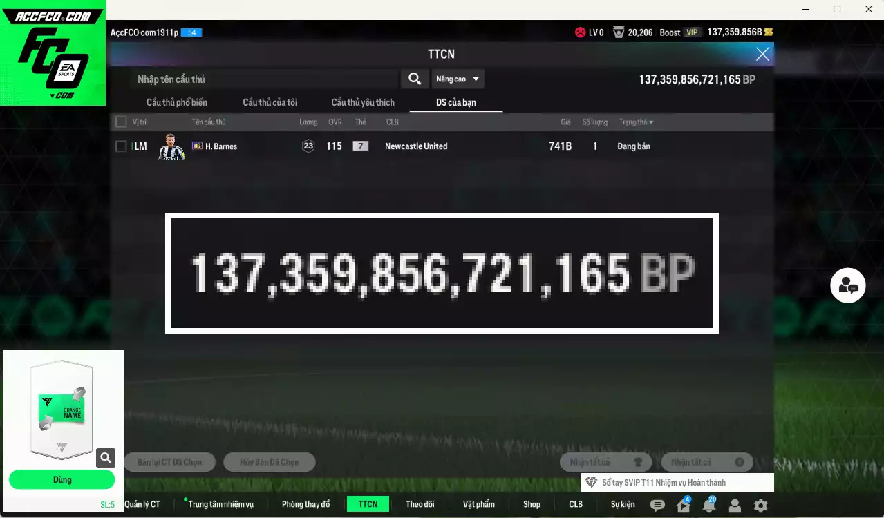 ACC 137359b trắng, có thẻ đổi tên. Dư 83.000TC