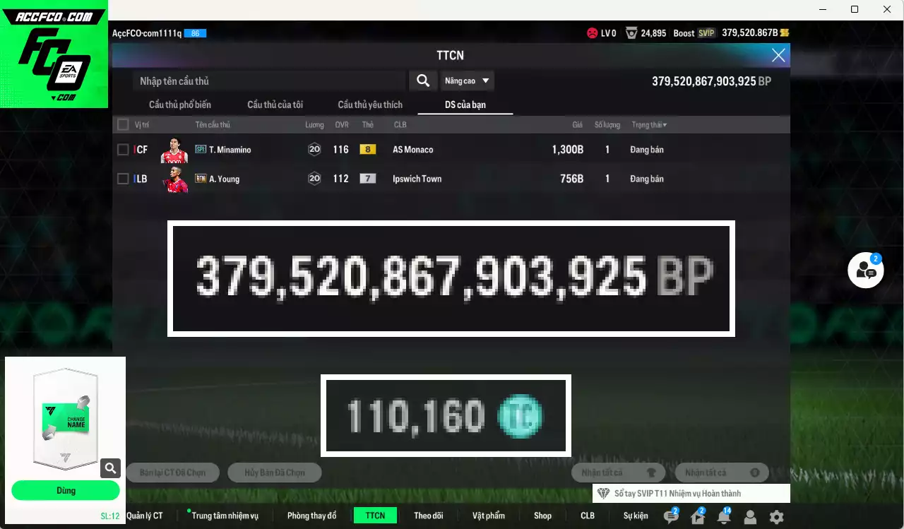 ACC 379520b trắng, có thẻ đổi tên. HLV Xịn, dư 110.000TC
