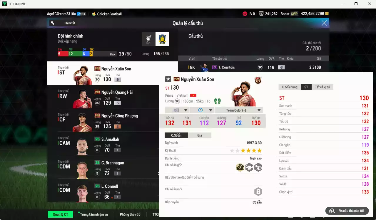 Ảnh ACC 422456b trắng vs Xuân Son PRM+5, Quang Hải PRM+5 , có thẻ đổi tên. HLV Xịn, dư 113.000TC