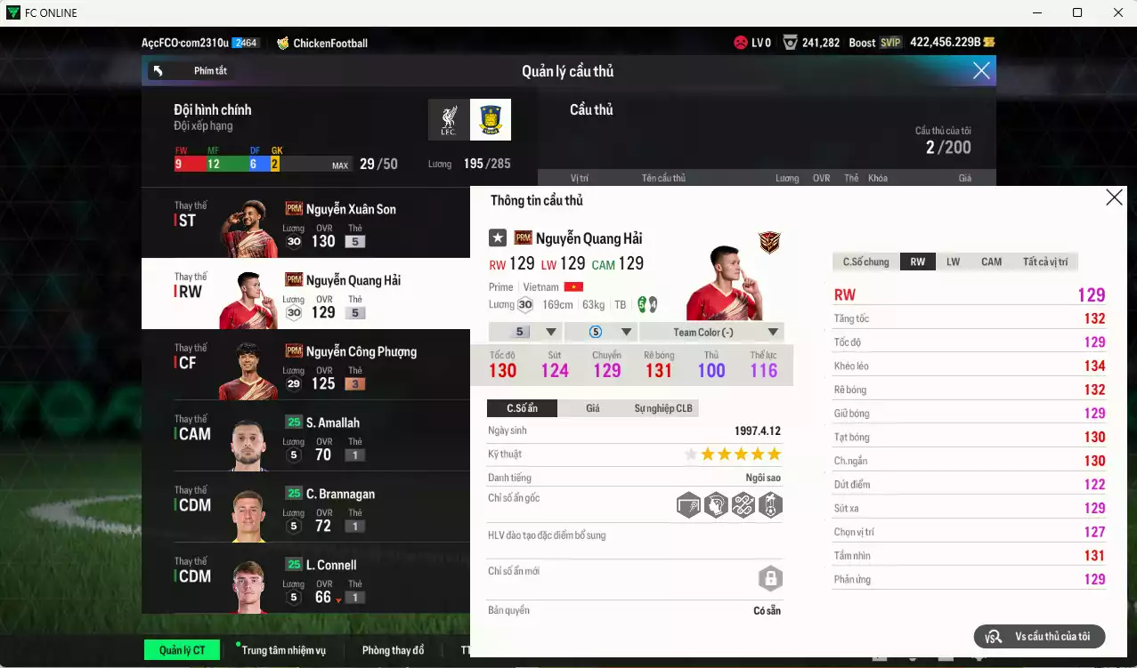 Ảnh ACC 422456b trắng vs Xuân Son PRM+5, Quang Hải PRM+5 , có thẻ đổi tên. HLV Xịn, dư 113.000TC