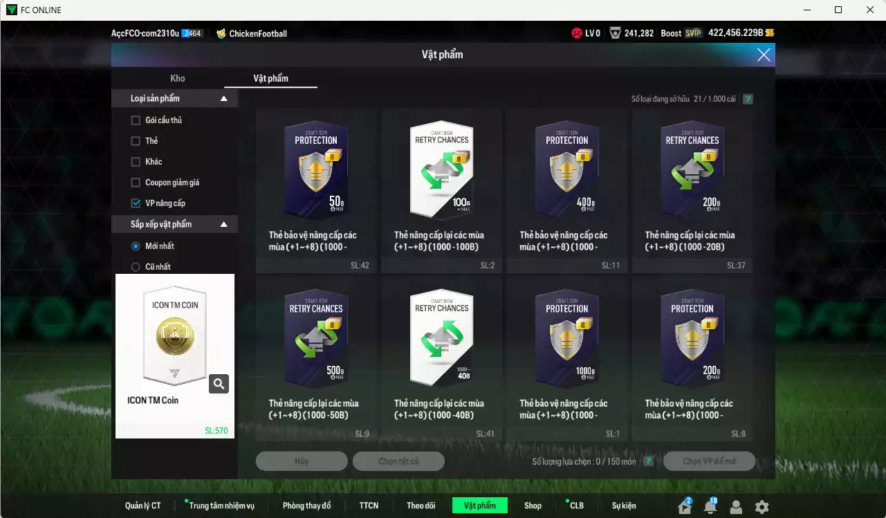 Ảnh ACC 422456b trắng vs Xuân Son PRM+5, Quang Hải PRM+5 , có thẻ đổi tên. HLV Xịn, dư 113.000TC