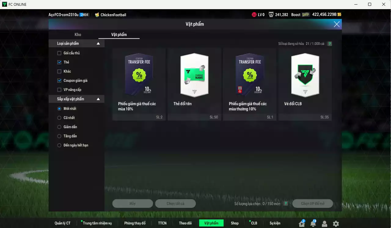 Ảnh ACC 422456b trắng vs Xuân Son PRM+5, Quang Hải PRM+5 , có thẻ đổi tên. HLV Xịn, dư 113.000TC