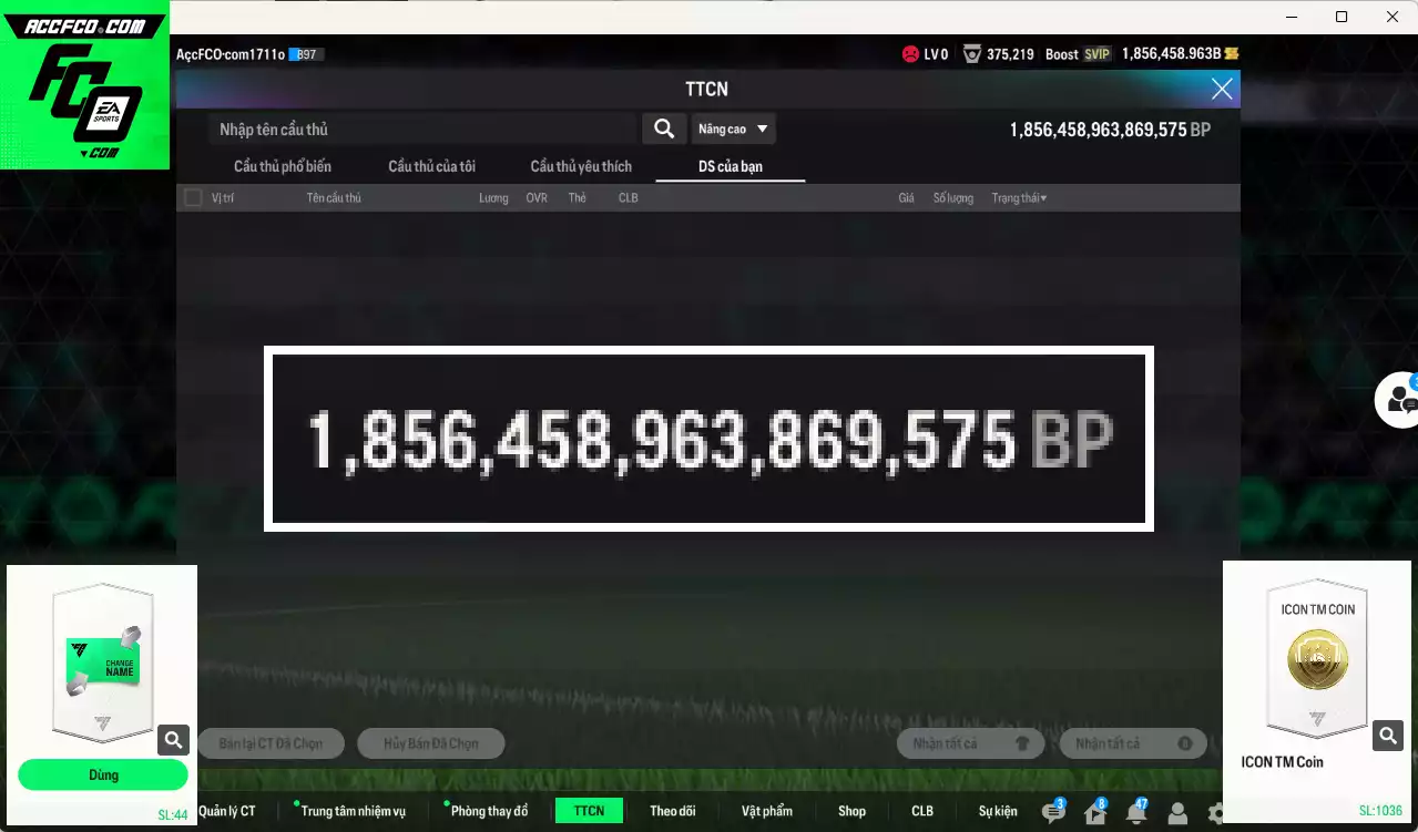 ACC 1856458b trắng, có thẻ đổi tên, còn nhiều coin TM. HLV Xịn, dư 65.000TC