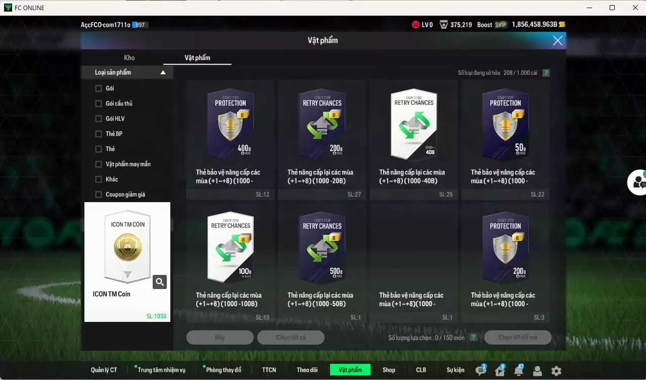 Ảnh ACC 1856458b trắng, có thẻ đổi tên, còn nhiều coin TM. HLV Xịn, dư 65.000TC