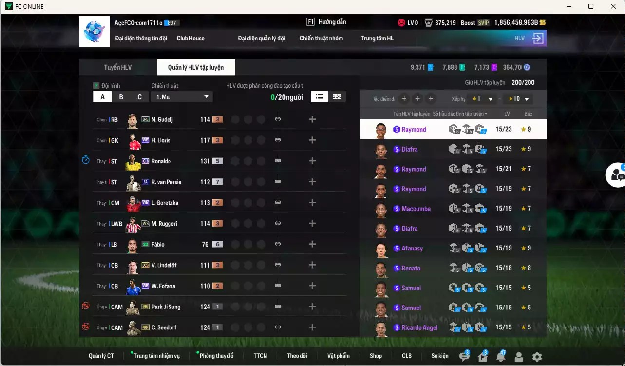 Ảnh ACC 1856458b trắng, có thẻ đổi tên, còn nhiều coin TM. HLV Xịn, dư 65.000TC