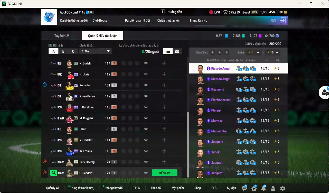 Ảnh ACC 1856458b trắng, có thẻ đổi tên, còn nhiều coin TM. HLV Xịn, dư 65.000TC