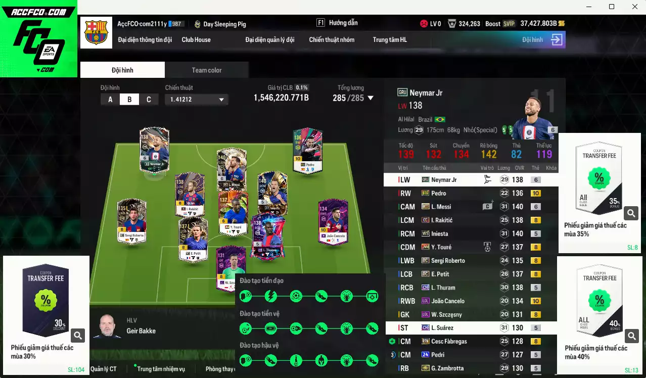 Barcelona 1.546.220b dư 37kb có Messi BLD+6, Neymar GRU+6, Iniesa WS, Zambrotta ITM+5, Pedro BTB+10, Cancelo LOL+10, Thuram CH, Touré JNM, Suárez CH, Petit DC, Pedri 24UCL, Rakitic CC... Còn rất nhiều CP GIẢM THUẾ, HLV Xịn, đã full toàn bộ đào tạo