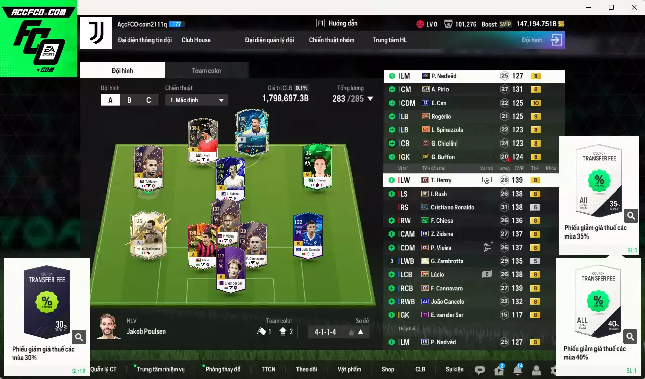 [Tặng team phụ ICON+5 260kb] Juventus 1.798.690b dư 147kb có CR7 25TS+6, Chiesa FC, Zambrotta ITM+5, Henry CC, Rush DC, Zidane LN, Pirlo MDL, Cancelo 22UCL, Cannavaro CC, Lúcio JNM, Nedved LN, Vieira CC... Còn nhiều CP GIẢM THUẾ, Dư 77.000TC