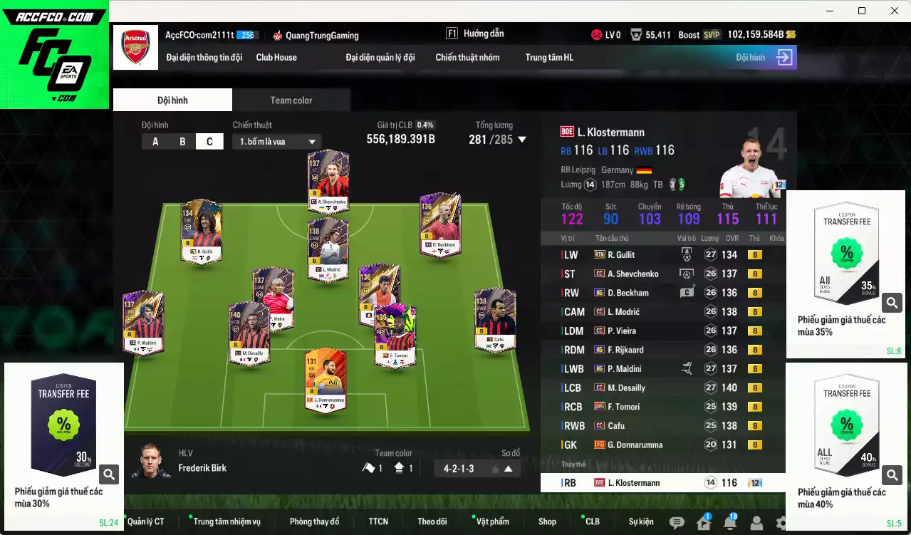 AC Milan 556.180b dư 102kb có Modric CC, Beckham HG, Maldini HG, Gullit RTN, Desailly CC, Sheva CC, Rijkaard HG, Vieira CC, Cafu CC, Tomori 23HW... Còn nhiều CP GIẢM THUẾ, HLV Xịn, đã đào tạo full chỉ số cầu thủ