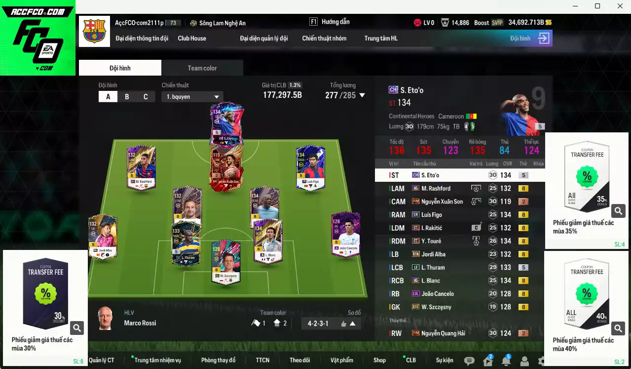 Barcelona 177.290b dư 35kb có Eto CH, Rakitic CC, Thuram LE, Touré CC, Figo LN... Còn nhiều CP GIẢM THUẾ