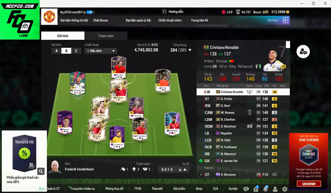 Man Utd. 4.745.060b có Rooney ITM+5, CR7 BTB+10, Mazraoui SPL+10, Best DC, Vidic ITM+5, Charlton ITM+2, Forlán CC, Beckham CC, Ferdinand DC, Reguilón LOL+10, Schweinsteiger DC... HLV Xịn, đã đào tạo full chỉ số nhiều CT, VIP KC Tháng 11 và BK Tháng 12