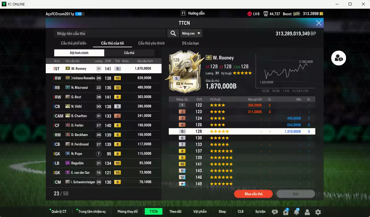 Ảnh Man Utd. 4.745.060b có Rooney ITM+5, CR7 BTB+10, Mazraoui SPL+10, Best DC, Vidic ITM+5, Charlton ITM+2, Forlán CC, Beckham CC, Ferdinand DC, Reguilón LOL+10, Schweinsteiger DC... HLV Xịn, đã đào tạo full chỉ số nhiều CT, VIP KC Tháng 11 và BK Tháng 12