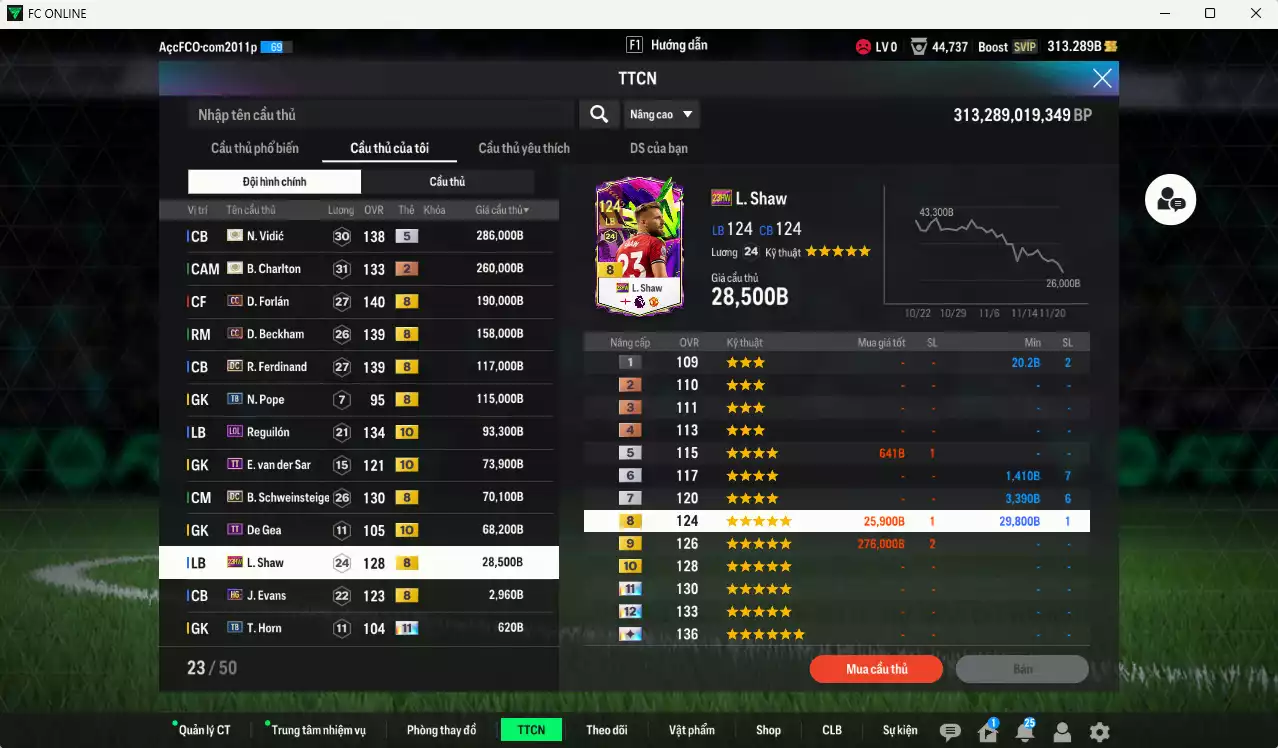 Ảnh Man Utd. 4.745.060b có Rooney ITM+5, CR7 BTB+10, Mazraoui SPL+10, Best DC, Vidic ITM+5, Charlton ITM+2, Forlán CC, Beckham CC, Ferdinand DC, Reguilón LOL+10, Schweinsteiger DC... HLV Xịn, đã đào tạo full chỉ số nhiều CT, VIP KC Tháng 11 và BK Tháng 12