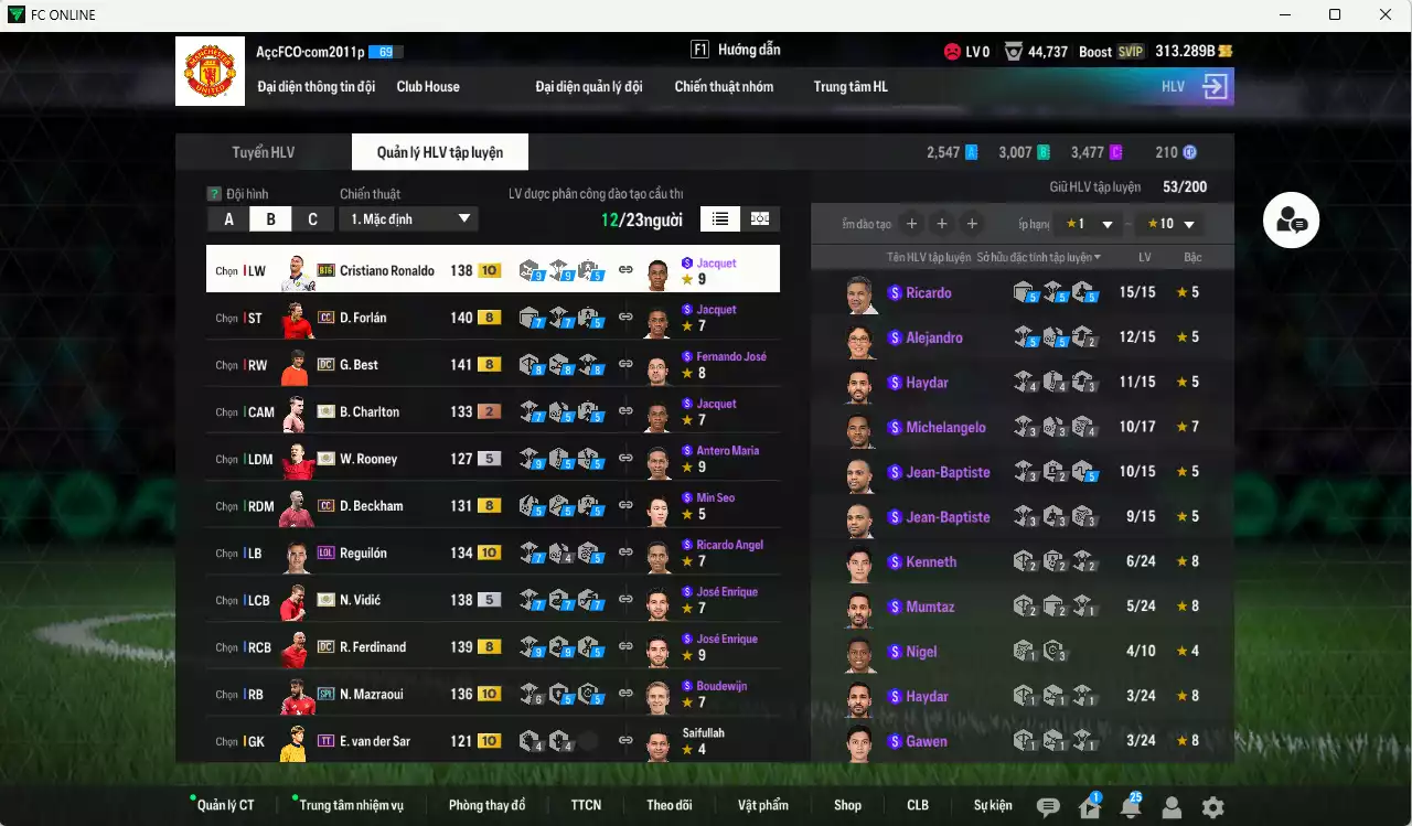 Ảnh Man Utd. 4.745.060b có Rooney ITM+5, CR7 BTB+10, Mazraoui SPL+10, Best DC, Vidic ITM+5, Charlton ITM+2, Forlán CC, Beckham CC, Ferdinand DC, Reguilón LOL+10, Schweinsteiger DC... HLV Xịn, đã đào tạo full chỉ số nhiều CT, VIP KC Tháng 11 và BK Tháng 12