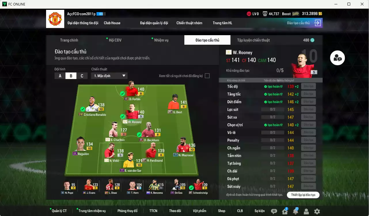 Ảnh Man Utd. 4.745.060b có Rooney ITM+5, CR7 BTB+10, Mazraoui SPL+10, Best DC, Vidic ITM+5, Charlton ITM+2, Forlán CC, Beckham CC, Ferdinand DC, Reguilón LOL+10, Schweinsteiger DC... HLV Xịn, đã đào tạo full chỉ số nhiều CT, VIP KC Tháng 11 và BK Tháng 12