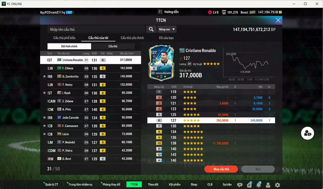 Ảnh [Tặng team phụ ICON+5 260kb] Juventus 1.798.690b dư 147kb có CR7 25TS+6, Chiesa FC, Zambrotta ITM+5, Henry CC, Rush DC, Zidane LN, Pirlo MDL, Cancelo 22UCL, Cannavaro CC, Lúcio JNM, Nedved LN, Vieira CC... Còn nhiều CP GIẢM THUẾ, Dư 77.000TC