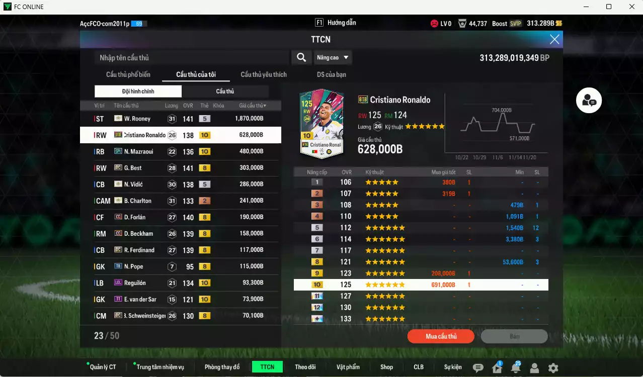 Ảnh Man Utd. 4.745.060b có Rooney ITM+5, CR7 BTB+10, Mazraoui SPL+10, Best DC, Vidic ITM+5, Charlton ITM+2, Forlán CC, Beckham CC, Ferdinand DC, Reguilón LOL+10, Schweinsteiger DC... HLV Xịn, đã đào tạo full chỉ số nhiều CT, VIP KC Tháng 11 và BK Tháng 12