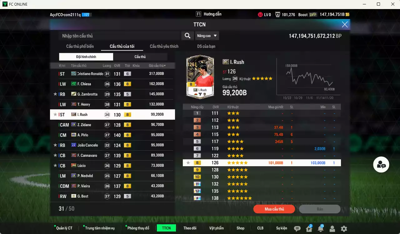 Ảnh [Tặng team phụ ICON+5 260kb] Juventus 1.798.690b dư 147kb có CR7 25TS+6, Chiesa FC, Zambrotta ITM+5, Henry CC, Rush DC, Zidane LN, Pirlo MDL, Cancelo 22UCL, Cannavaro CC, Lúcio JNM, Nedved LN, Vieira CC... Còn nhiều CP GIẢM THUẾ, Dư 77.000TC