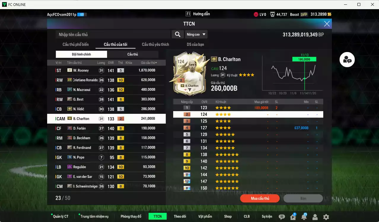 Ảnh Man Utd. 4.745.060b có Rooney ITM+5, CR7 BTB+10, Mazraoui SPL+10, Best DC, Vidic ITM+5, Charlton ITM+2, Forlán CC, Beckham CC, Ferdinand DC, Reguilón LOL+10, Schweinsteiger DC... HLV Xịn, đã đào tạo full chỉ số nhiều CT, VIP KC Tháng 11 và BK Tháng 12