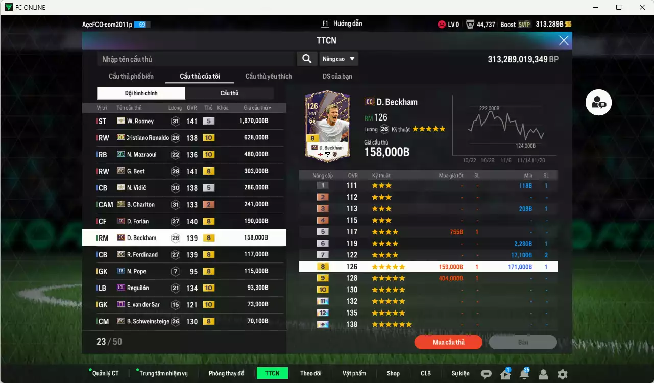 Ảnh Man Utd. 4.745.060b có Rooney ITM+5, CR7 BTB+10, Mazraoui SPL+10, Best DC, Vidic ITM+5, Charlton ITM+2, Forlán CC, Beckham CC, Ferdinand DC, Reguilón LOL+10, Schweinsteiger DC... HLV Xịn, đã đào tạo full chỉ số nhiều CT, VIP KC Tháng 11 và BK Tháng 12