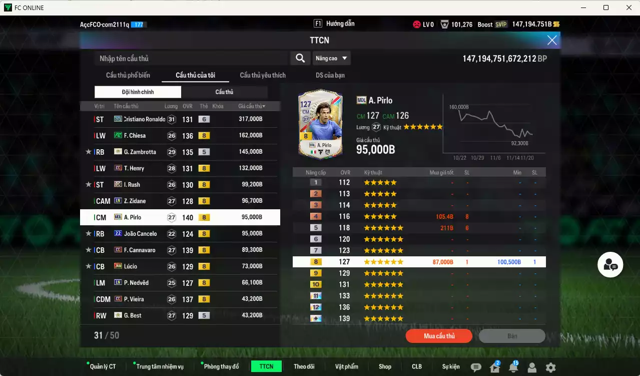 Ảnh [Tặng team phụ ICON+5 260kb] Juventus 1.798.690b dư 147kb có CR7 25TS+6, Chiesa FC, Zambrotta ITM+5, Henry CC, Rush DC, Zidane LN, Pirlo MDL, Cancelo 22UCL, Cannavaro CC, Lúcio JNM, Nedved LN, Vieira CC... Còn nhiều CP GIẢM THUẾ, Dư 77.000TC