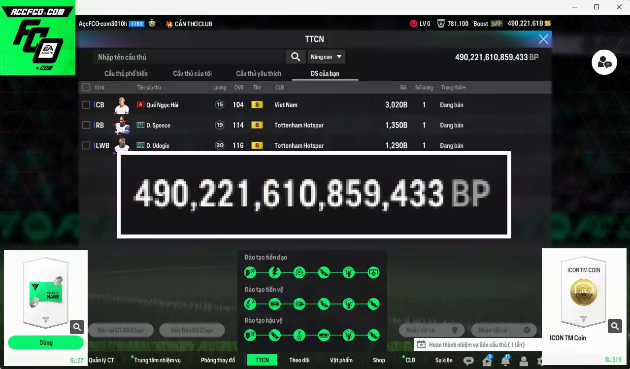 ACC 490221b trắng, có thẻ đổi tên, còn nhiều CP GIẢM THUẾ. HLV Xịn, đã full bảng đào tạo chiến thuật