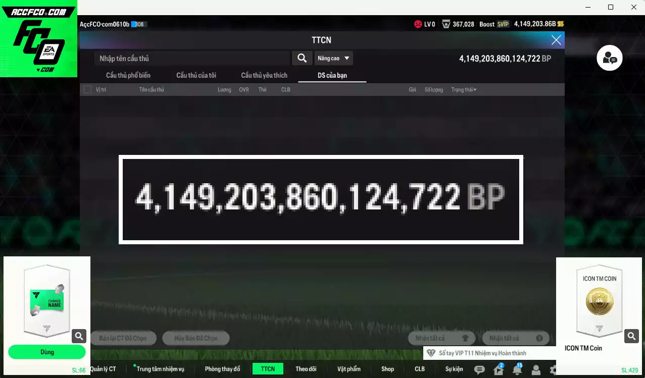 ACC 4149203b trắng, có thẻ đổi tên. HLV Xịn, đã full nữa bảng đào tạo chiến thuật