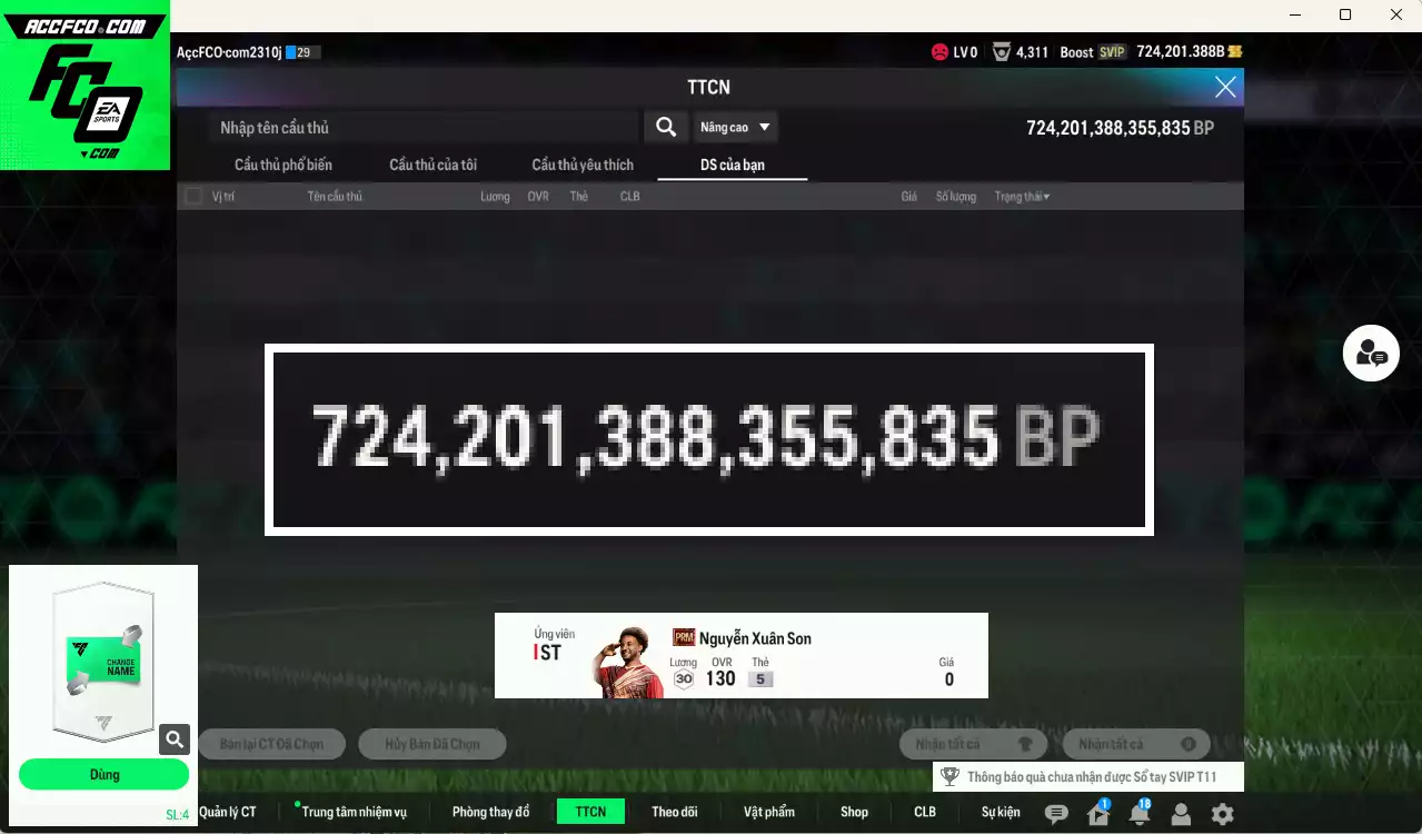 ACC 724201b trắng vs Xuân Son PRM có thẻ đổi tên, còn CP GIẢM THUẾ