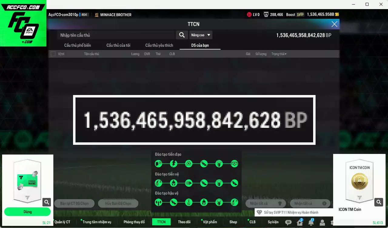 ACC 1536465b trắng, có thẻ đổi tên. HLV Siêu Xịn, đã full bảng đào tạo chiến thuật