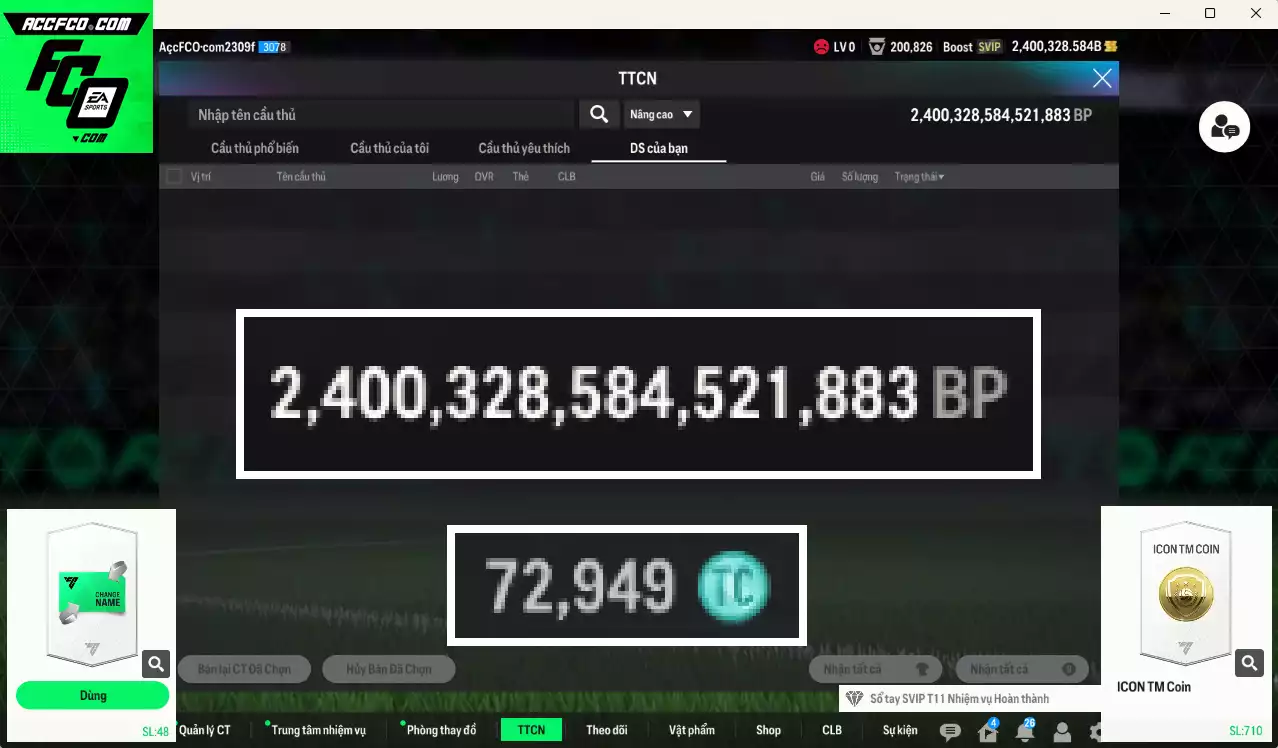 ACC 2400328b trắng, có thẻ đổi tên. HLV Xịn, dư 72.000TC