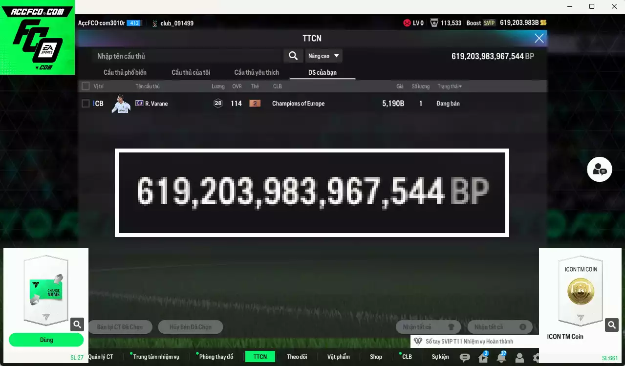 ACC 619203b trắng, có thẻ đổi tên, còn rất nhiều CP GIẢM THUẾ. HLV Xịn, dư 60.000TC