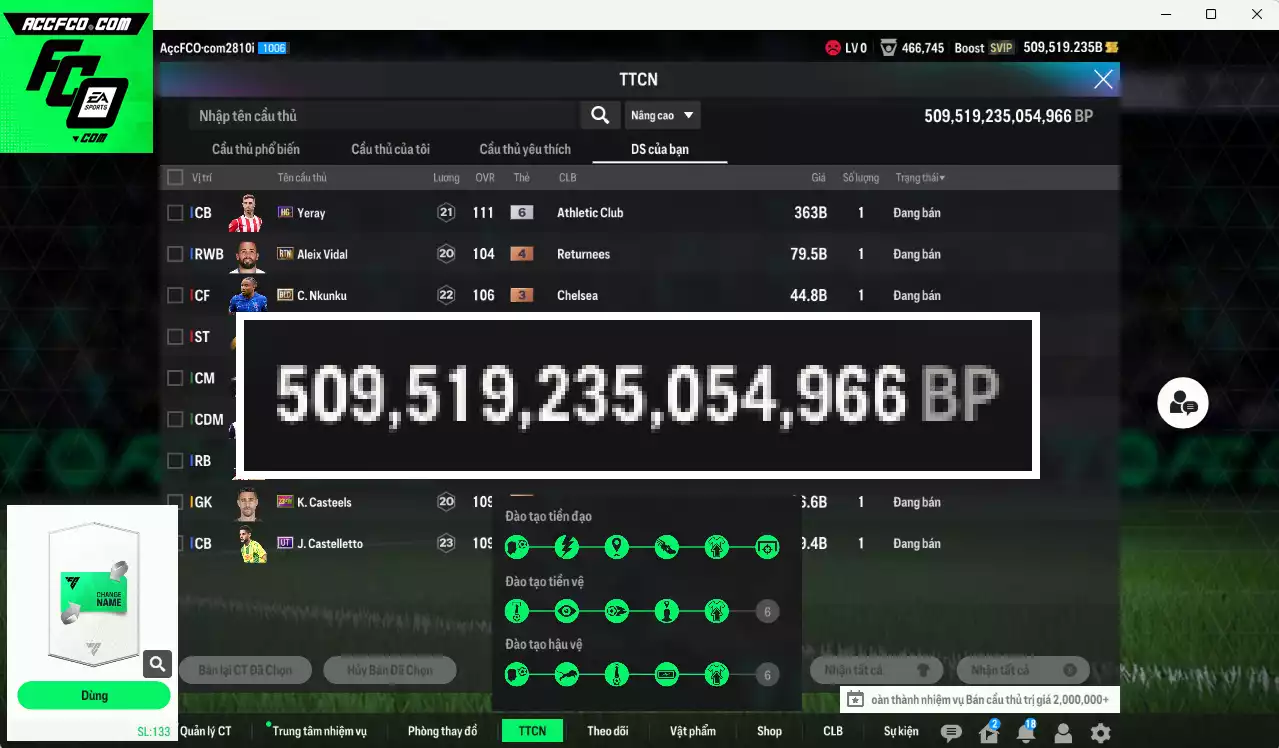 ACC 509519b trắng, có thẻ đổi tên. HLV Xịn, gần full bảng đào tạo chiến thuật