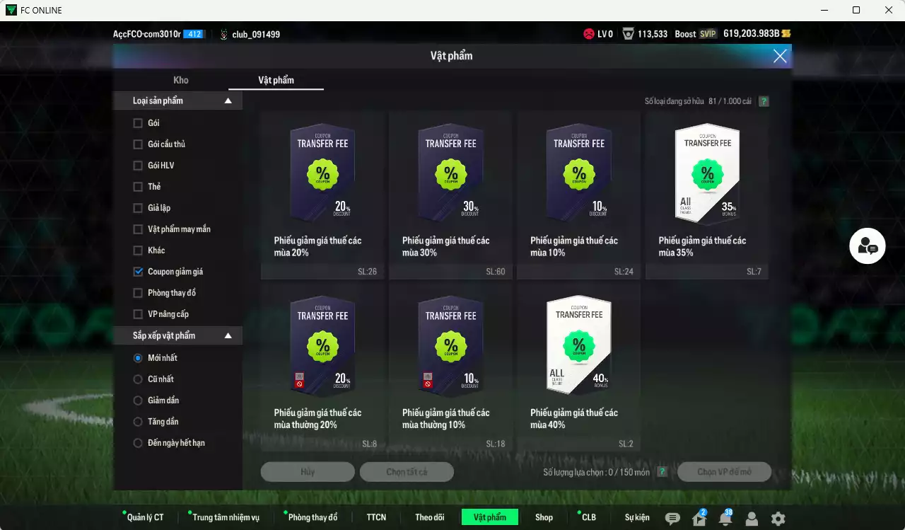 Ảnh ACC 619203b trắng, có thẻ đổi tên, còn rất nhiều CP GIẢM THUẾ. HLV Xịn, dư 60.000TC
