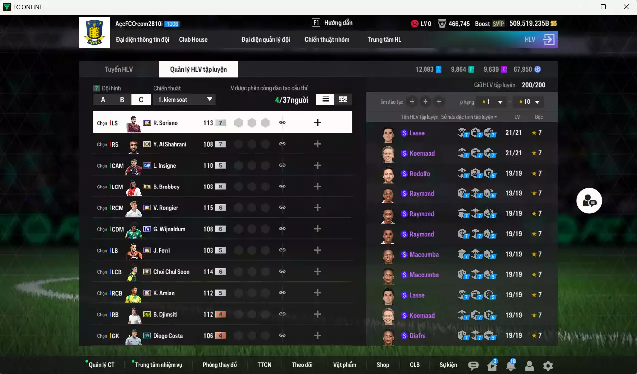 Ảnh ACC 509519b trắng, có thẻ đổi tên. HLV Xịn, gần full bảng đào tạo chiến thuật
