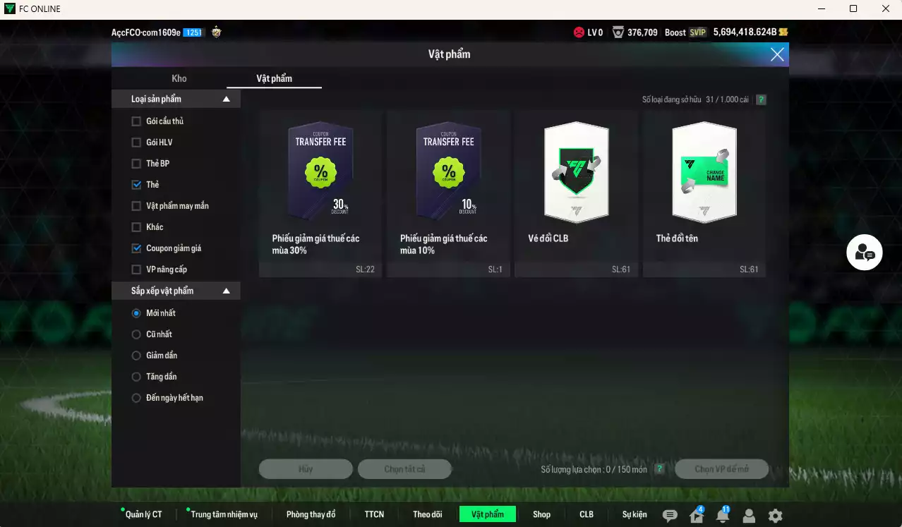 Ảnh ACC 5.694.418b trắng, có thẻ đổi tên, còn CP GIẢM THUẾ. HLV Siêu Xịn, đã đào tạo nữa bảng chiến thuật, dư 43.000TC