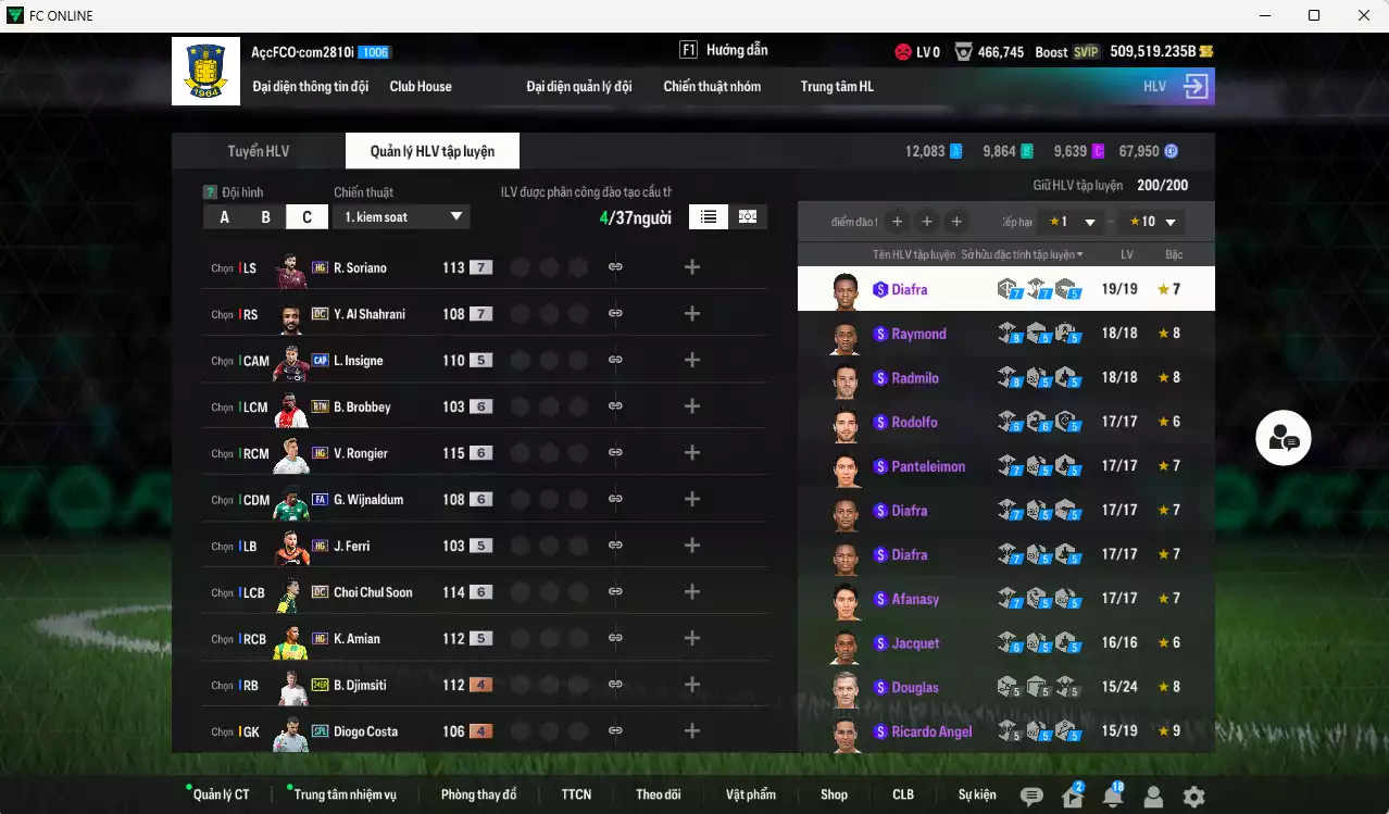 Ảnh ACC 509519b trắng, có thẻ đổi tên. HLV Xịn, gần full bảng đào tạo chiến thuật