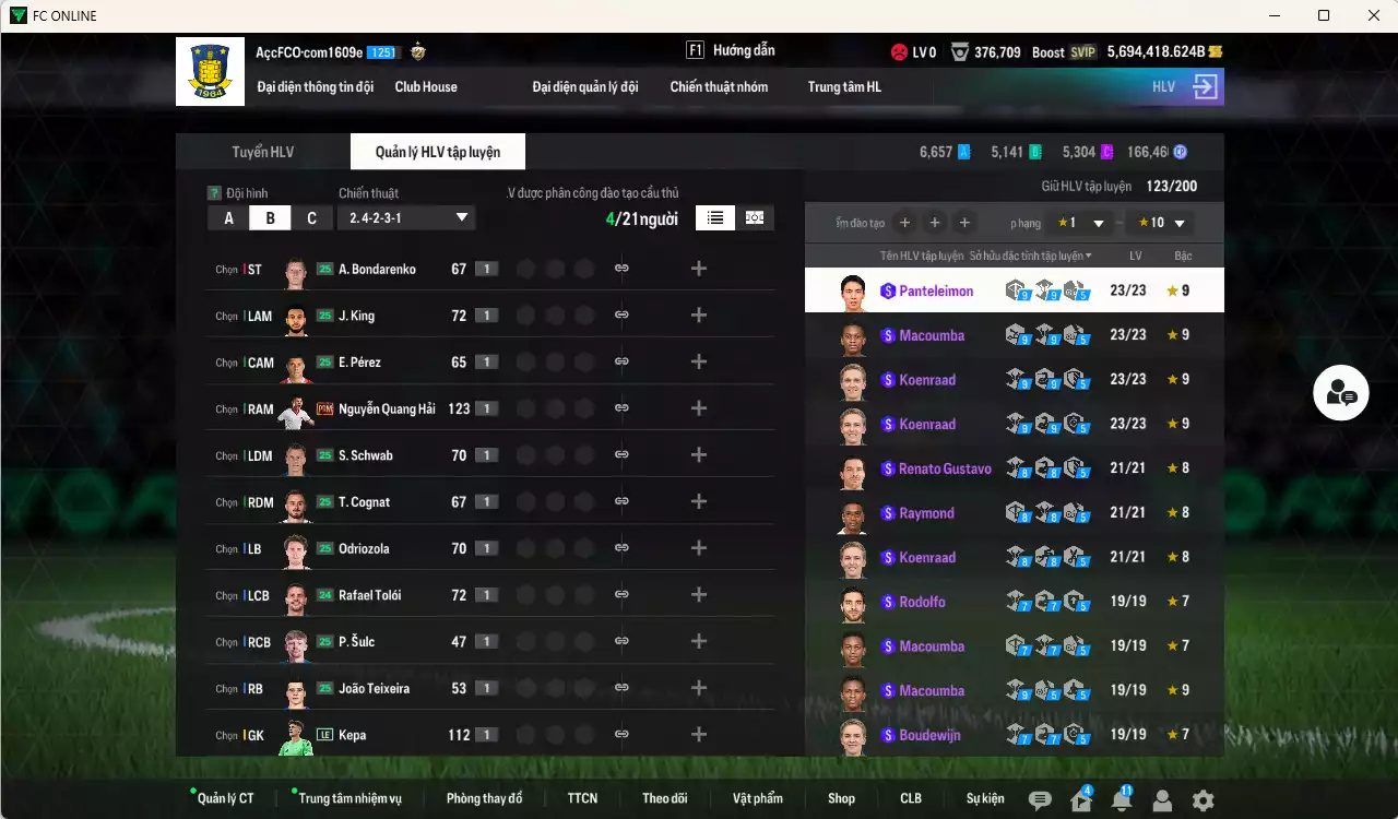 Ảnh ACC 5.694.418b trắng, có thẻ đổi tên, còn CP GIẢM THUẾ. HLV Siêu Xịn, đã đào tạo nữa bảng chiến thuật, dư 43.000TC