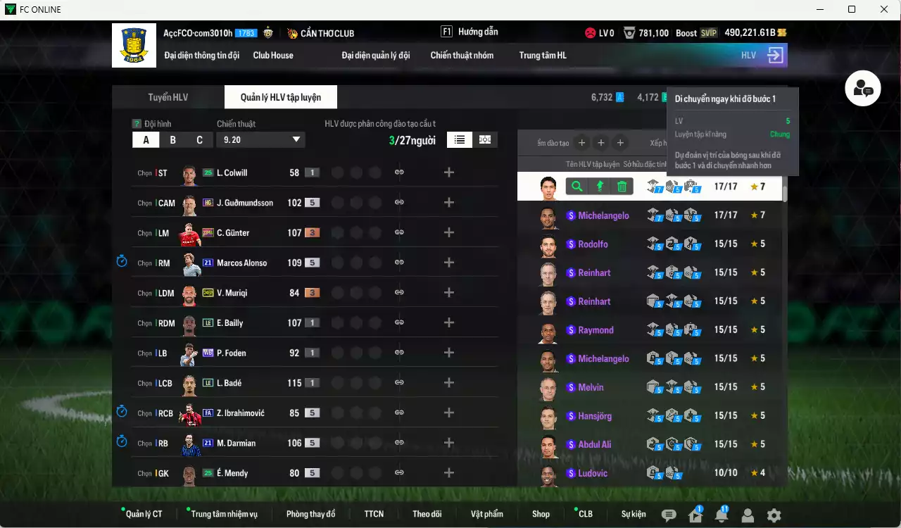 Ảnh ACC 490221b trắng, có thẻ đổi tên, còn nhiều CP GIẢM THUẾ. HLV Xịn, đã full bảng đào tạo chiến thuật