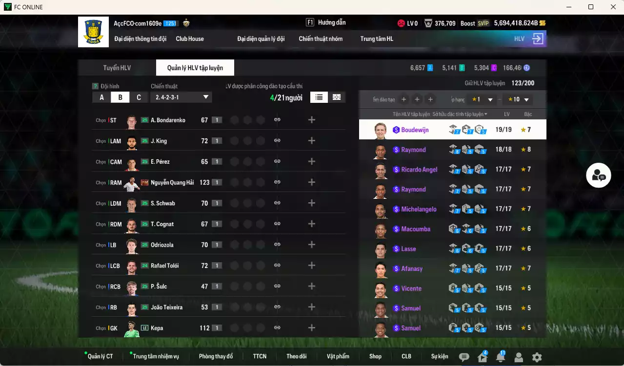 Ảnh ACC 5.694.418b trắng, có thẻ đổi tên, còn CP GIẢM THUẾ. HLV Siêu Xịn, đã đào tạo nữa bảng chiến thuật, dư 43.000TC