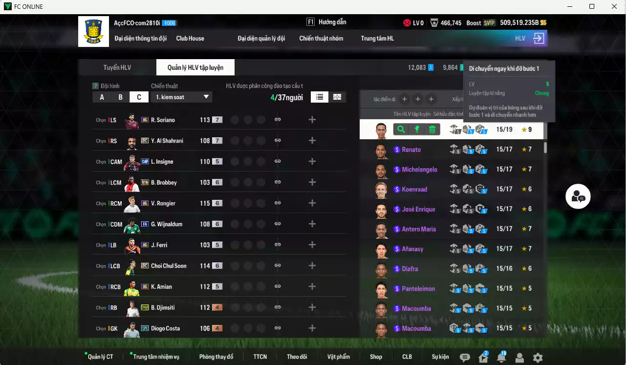 Ảnh ACC 509519b trắng, có thẻ đổi tên. HLV Xịn, gần full bảng đào tạo chiến thuật