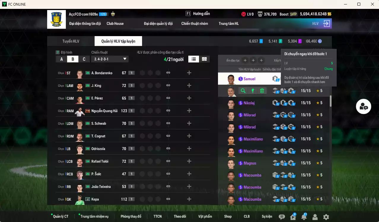 Ảnh ACC 5.694.418b trắng, có thẻ đổi tên, còn CP GIẢM THUẾ. HLV Siêu Xịn, đã đào tạo nữa bảng chiến thuật, dư 43.000TC