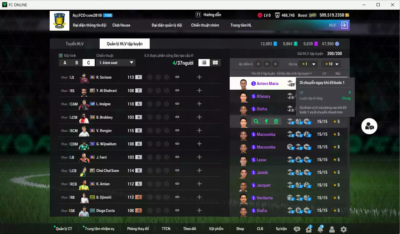 Ảnh ACC 509519b trắng, có thẻ đổi tên. HLV Xịn, gần full bảng đào tạo chiến thuật