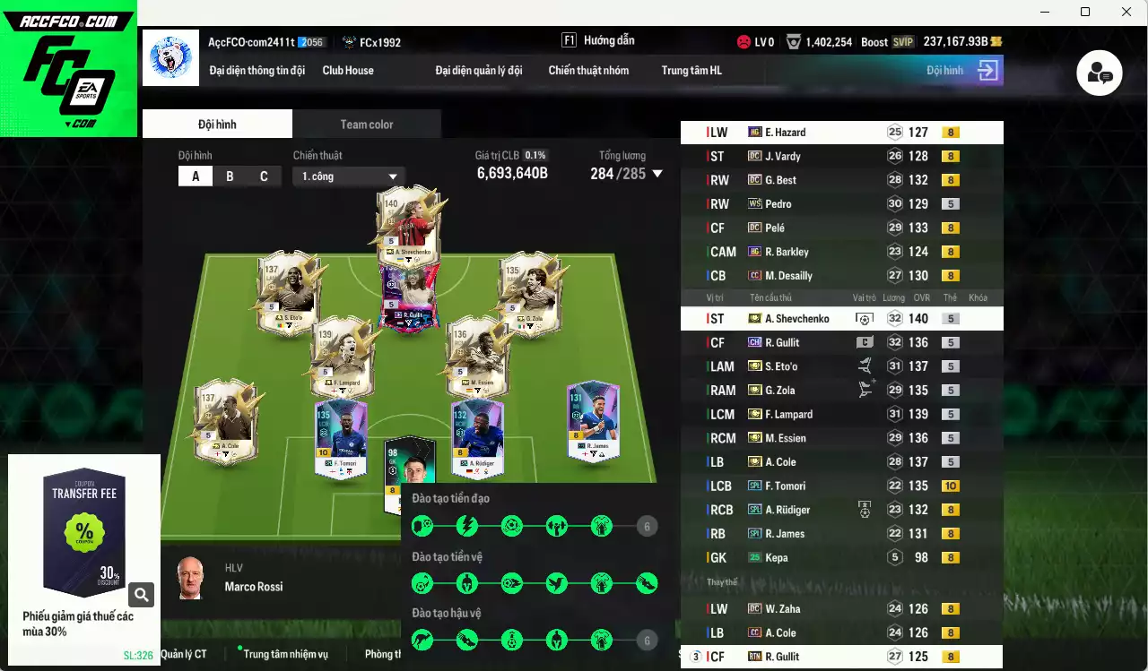 [ACC Hiếm🔥] Chelsea mix Quốc Dân 6.693.640b dư 237kb có Sheva ITM+5, Eto ITM+5, Pelé DC, Lampard ITM+5, Best DC, Essien ITM+5, Zola IMT+5, Gullit CH, Pedro WS, A. Cole ITM+5, Tomori SPL+10, Desailly CC, Rudiger SPL, Gullit RTN, Hazard HG... Còn rất nhiều SVIP vs CP GIẢM THUẾ, HLV Siêu Xịn, gần full bảng đào tạo chiến thuật vs chỉ số cầu thủ