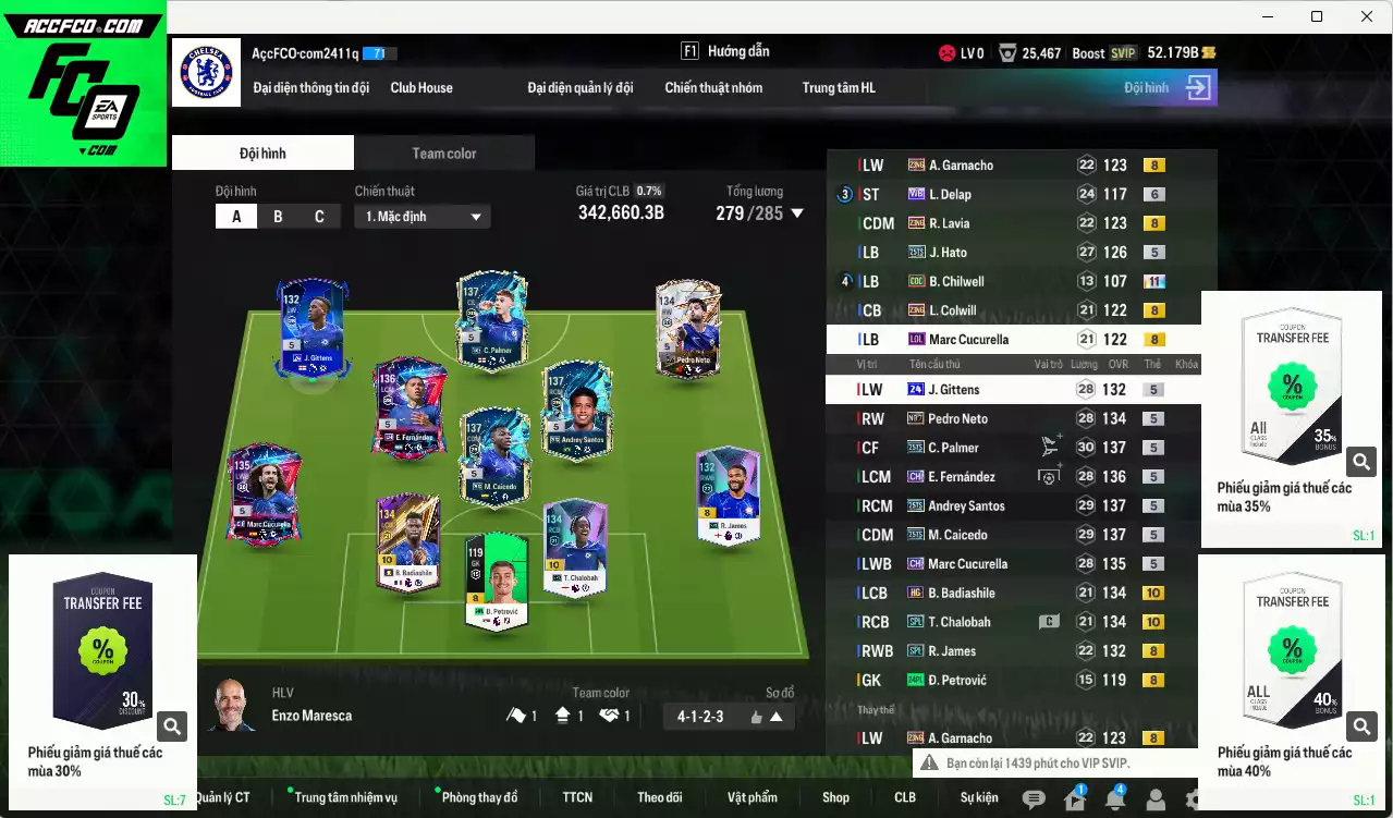 Chelsea 342.660b có Andrey Santos 25TS, Palmer 25TS, Caicedo 25TS, Chalobah SPL+10, Badiashile HG+10, Hato 25TS, Enzo CH... Đã đào tạo chỉ số nhiều CT