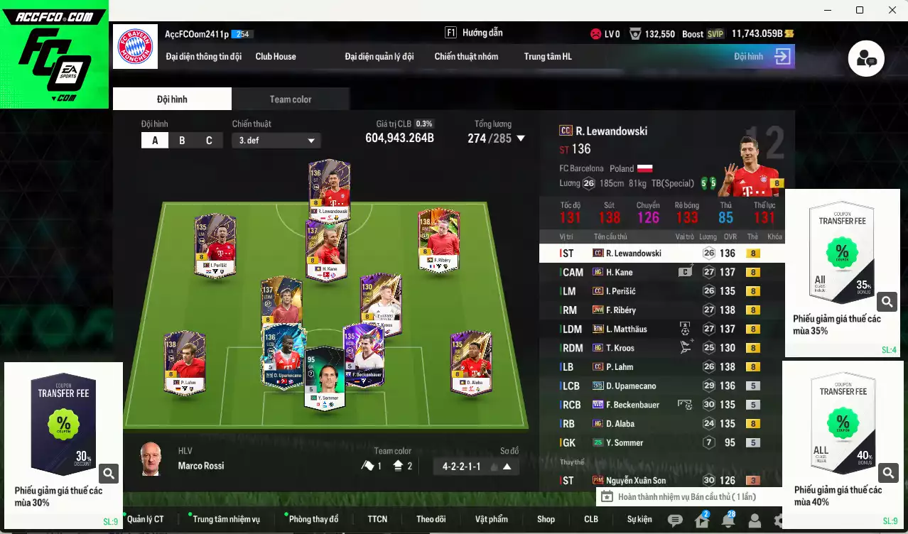 Bayern Munich 604.940b có Matthaus RTN, Kane HG, Upamecano 25TS, Kroos HG, Ribéry JNM, Lahm CC, Perisic CC, Beckenbauer WB, Lewandowski CC, Alaba HG... Còn nhiều CP GIẢM THUẾ, HLV Xịn, dư 78.000TC