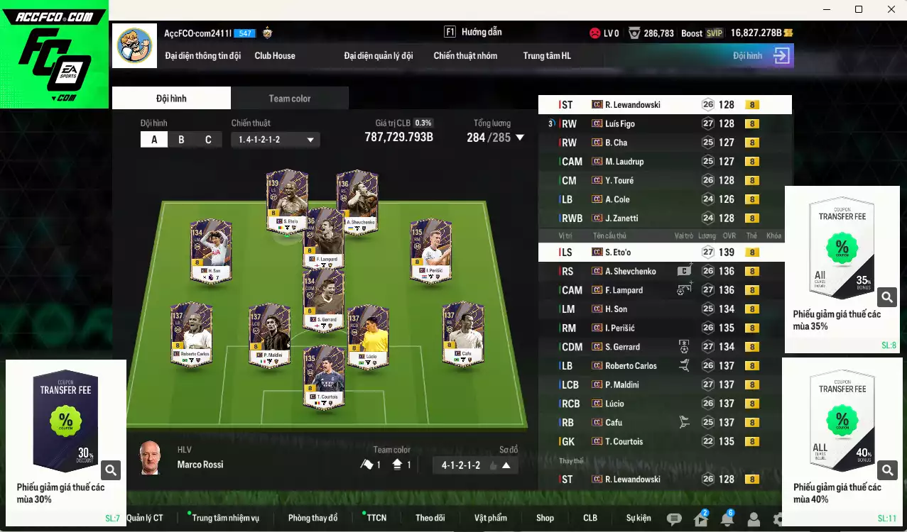 Full mùa CC+8 787.720b có Eto, Lúcio, Maldini, Figo, Perisic, Lampard, Sheva, Cafu, Carlos, Lewandowski, Gerrard, Touré, Courtois, Son, Cha... CC+8. Còn nhiều CP GIẢM THUẾ, HLV Xịn, đã đào tạo full chỉ số nhiều CT