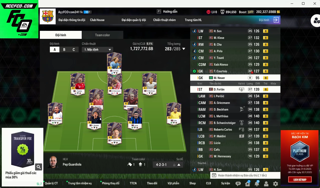 Full mùa CC+8 1.727.770b dư 202kb có Matthaus, Forlán, Beckham, Lúcio, Pirlo, Maldini, Griezmann, Klose, Schweinsteiger, Alonso, Cafu, Carlos, Courtois, Touré, Son, Cha... HLV Xịn, đã đào tạo full chỉ số cầu thủ, VIP BK Tháng 11, KC Tháng 12