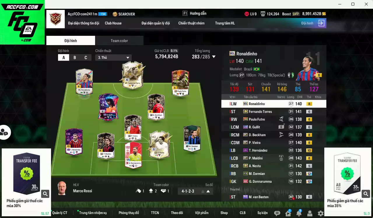 AC Milan 5.794.820b có Torres ITM+6, Nesta ITM+5, Gullit CH+6, Maldini CC, Beckham DC, Theo LOL+10, Crespo ITM+5, Donnarumma BOE+12, Vieira DC, Ronaldinho MDL, Basten WB+6, Futre ITM+5, Káká LN... HLV Xịn, đã đào tạo full chỉ số ct vs hơn nữa bảng chiến thuật, VIP BK Tháng 11,12