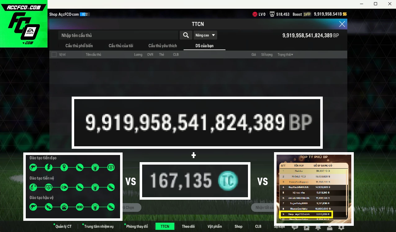[ACC Hiếm, TOP 9 TỶ PHÚ BP🔥] ACC 9.919.958b trắng, có thẻ đổi tên, còn rất nhiều CP GIẢM THUẾ. HLV Siêu Xịn, đã full bảng đào tạo chiến thuật, dư 167.000TC